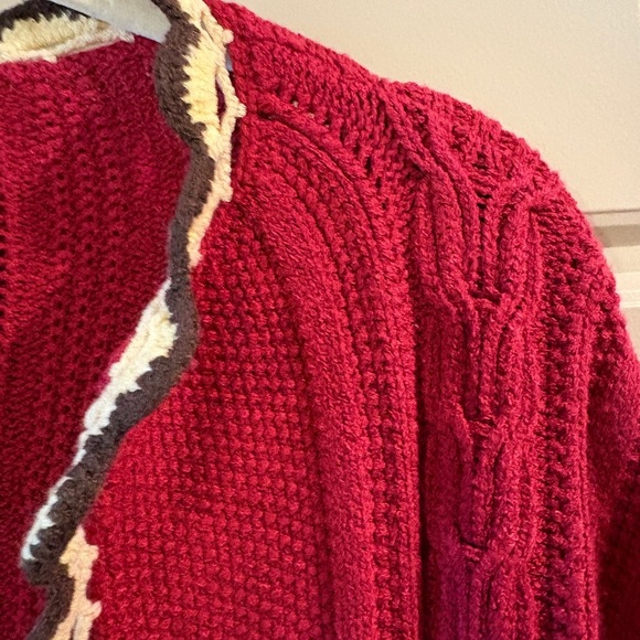 Anne Klein Cable Knit Cardigan Sweater Burgundy Cream Brown Tie Size Large - Picture 4 of 14
